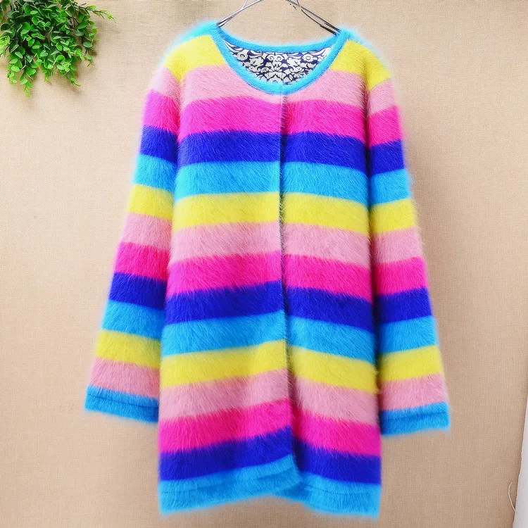 Ladies women thick medium long rainbow stripes angora rabbit fur knitted cardigan long sleeves sweater mink cashmere coat winter