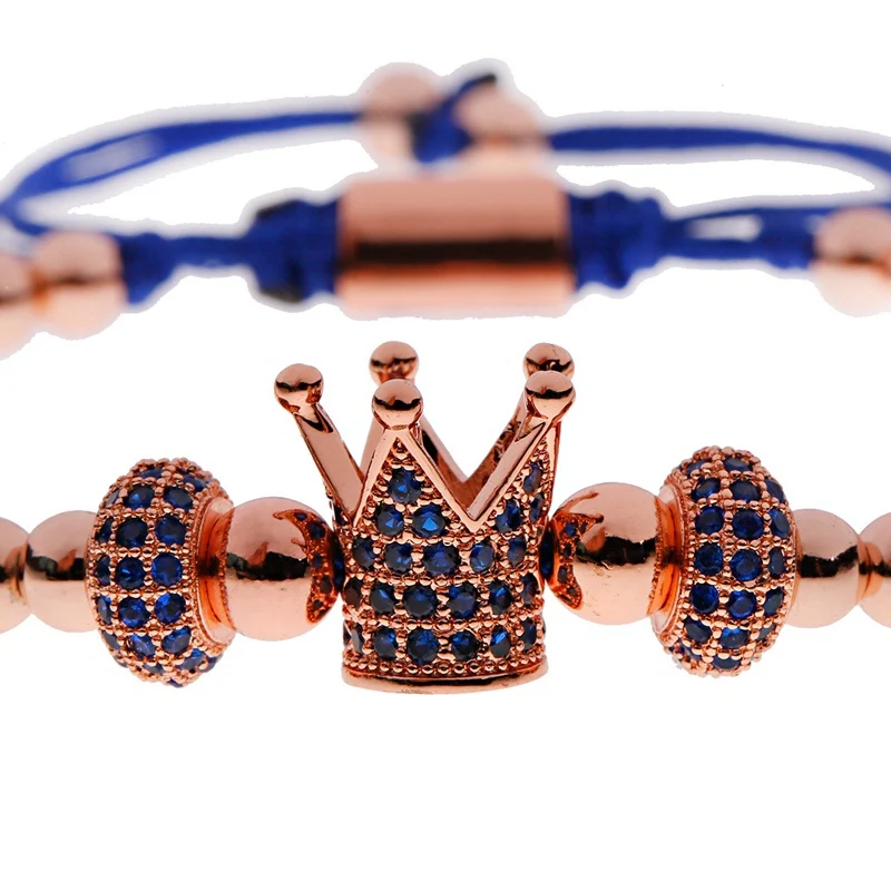 Luxury Blue Crown CZ Zircon Pave Weaving Bracelet Homme Pulsera Hombre Men Women Copper Beads Bracelet