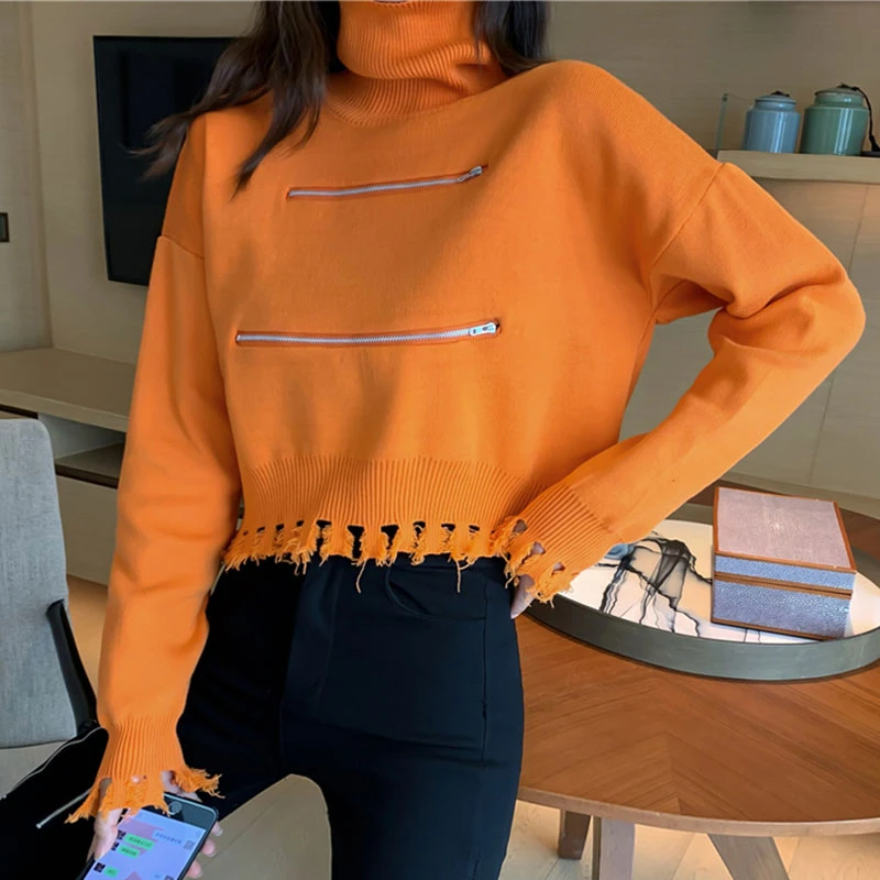 

2022 Women's Knitted Loose Streetwear Sweater Tassels Female Ins Pullovers Solid Turtleneck Full Sleeve Korean Tops Sweaters S94