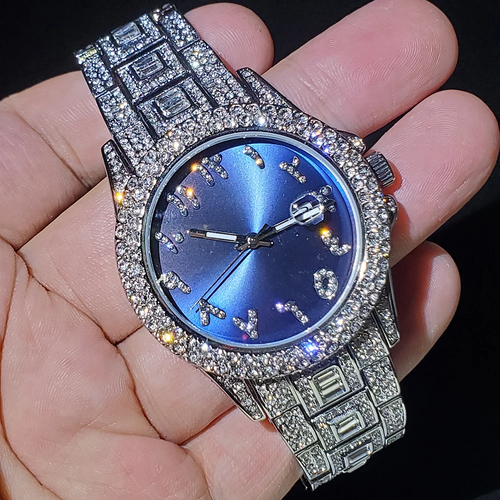 New Blue Arabic Men\'s Quartz Watch Male Luxury Wrist Fashion Watches Waterproof Business Stainless Steel Diamond Wristwatches