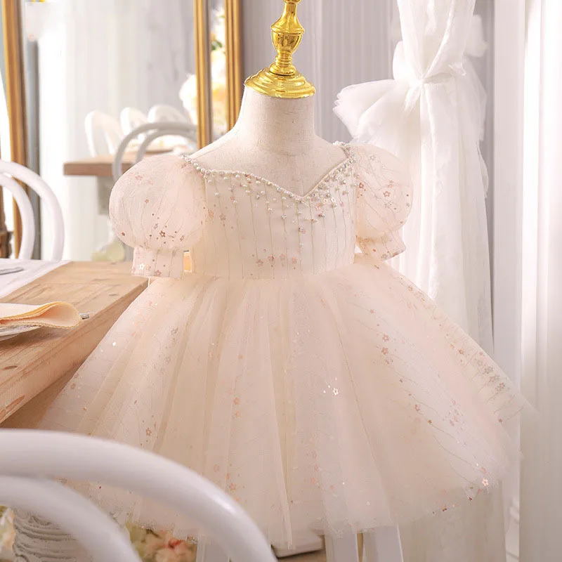 

2024 Baby Girl Baptism Dress Kids Beading Bow Lace Tulle Toddler Christening Gown 1st Birthday Dresses Infant Boutique Vestido