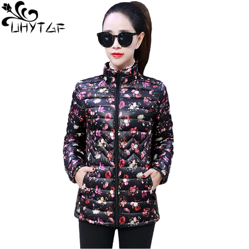 

UHYTGF Winter Jacket Women Parka Winter Warm Fleece Short Slim Printing Fashion Coat Female Women Down Jacket 6XL Loose Size 456