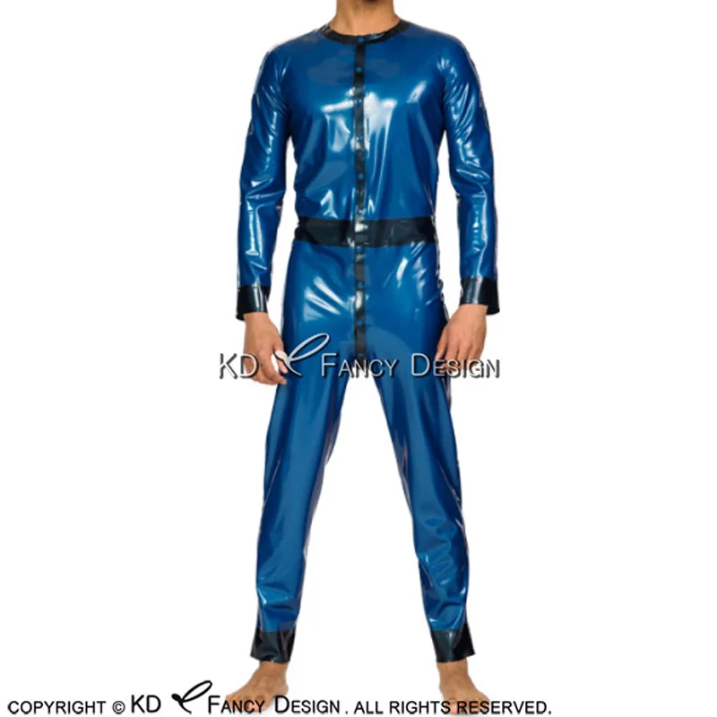 Blue And Black Sexy Latex Catsuit With Buttons Rubber Bodysuit Zentai Overall LTY-0144