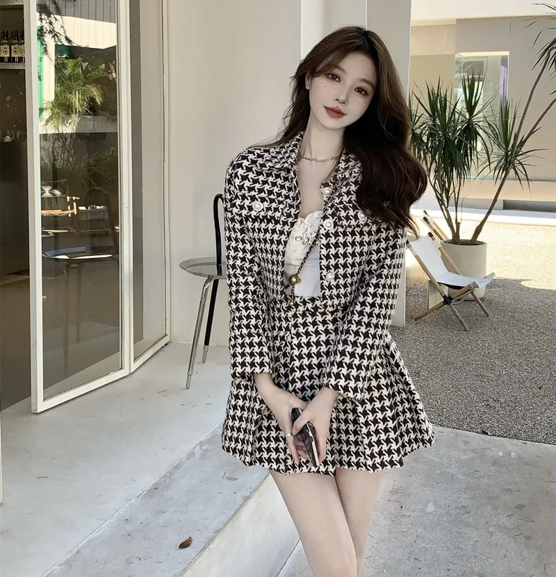 Temperament Matching Sets Retro O Tweed Plaid Jacket Short Long Sleeve Cardigan Slim Top Mini Houndstooth Pleated Skirt Chic