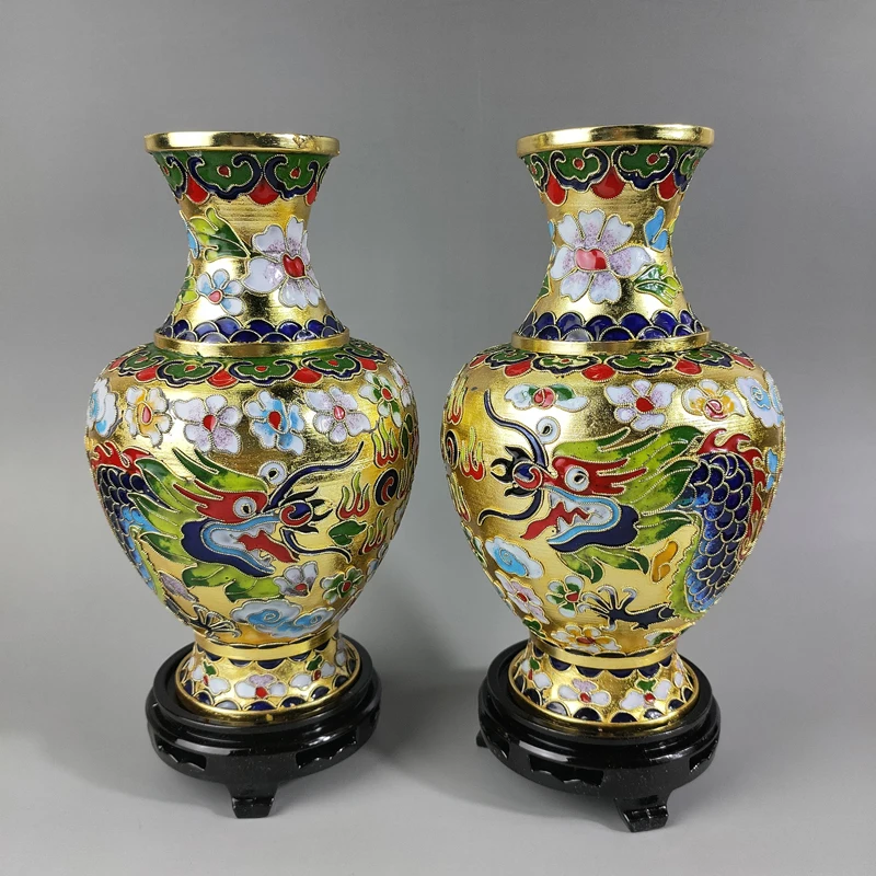 A Pair of Exquisite Chinese Traditional Handicraft Collection Home Decoration Cloisonne Dragon Phoenix Auspicious Designs Vases