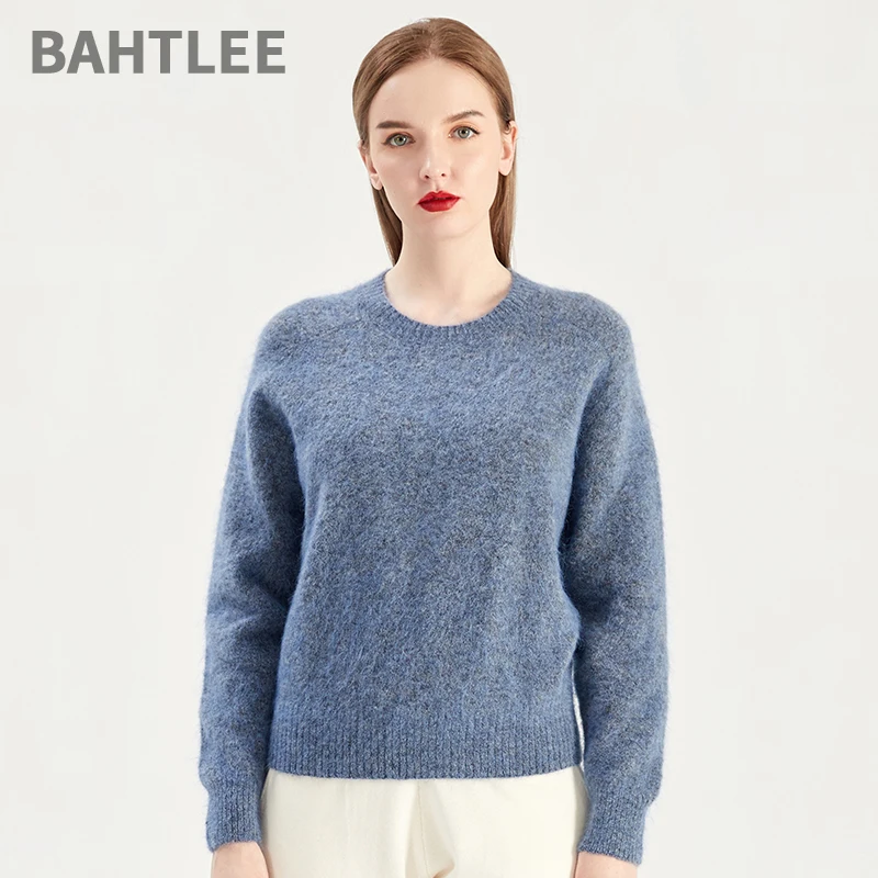 BAHTLEE-Women's Wool Mohair Short Pullover, O-Neck Sweater, Long Sleeves, Knitted Jumper, Keep Warm, Loose Style, Gray, Autumn