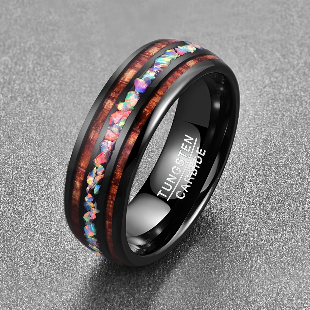 NUNCAD Men's Women's Ring Tungsten Carbide Ring Opal Hawaii Koa Wood Komaru Width 8mm Color Rainbow Tungsten Steel Ring