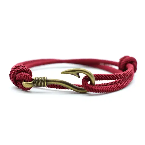 Vintage Fisch Haken Mann Armbänder Zubehör Männlich Doppel Schicht Glück Wein Rot Armband Geflochtene Armband Einstellbar Geschenk Für Ihn