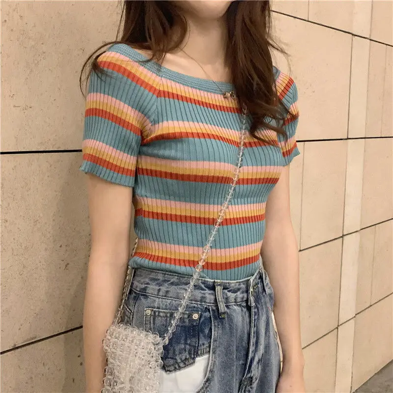 Woman TShirts Vintage Stripe Short-Sleeved Knitted T-shirt Women\'s off-Shoulder Slim Top Crop Top Mujer Camisetas