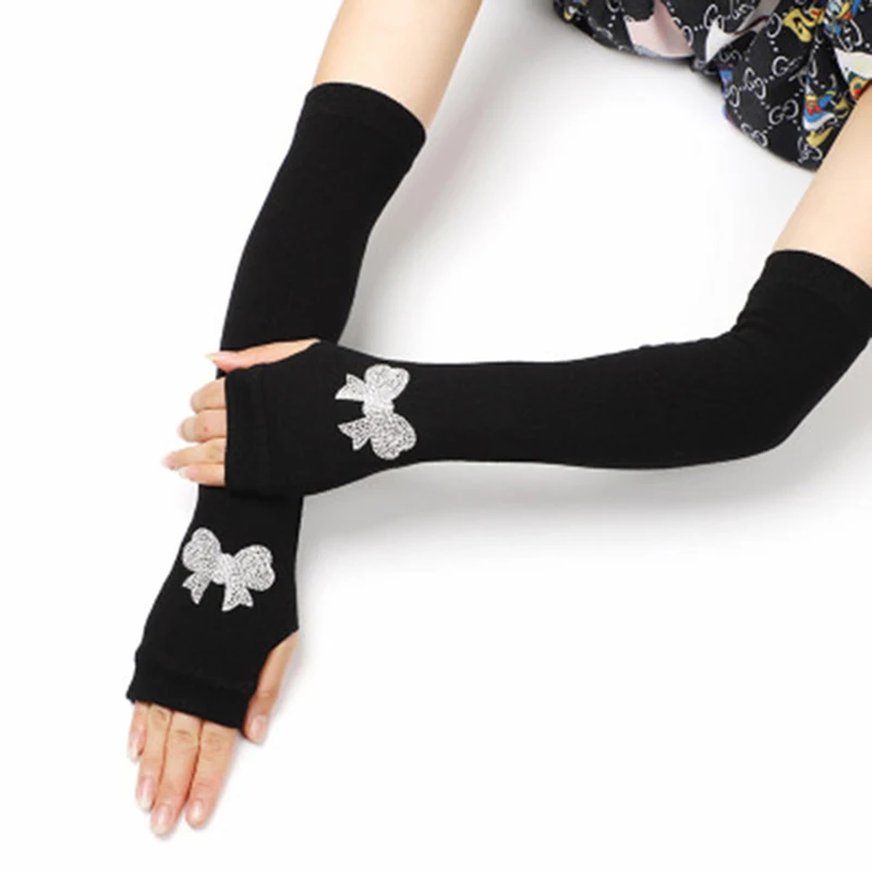 Female Black half finger Long Knitted Warm Driving Mittens Female Cute Fox Sailor Elasticity Dance Rhinestone Punk Gloves H37