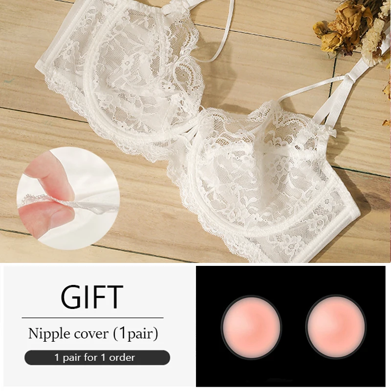 2 Pieces Deep V Lace Bras For Women Plus Size Sexy Lingerie Transparent Ultra Thin Brassiere Top White Pink Black A B C D E Cup