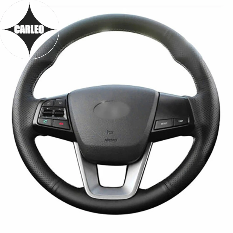 

DIY Car Steering Wheel Cover for Hyundai ix25 Creta Genuine Black Leather Custom Hand Stitching Holder Top Layer Wrap