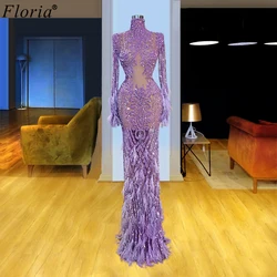 Illusion Purple Glitter Evening Dresses Mermaid Arabic Long Sleeves Formal Robe De Soiree Sexy Women Prom Dresses Party Gowns