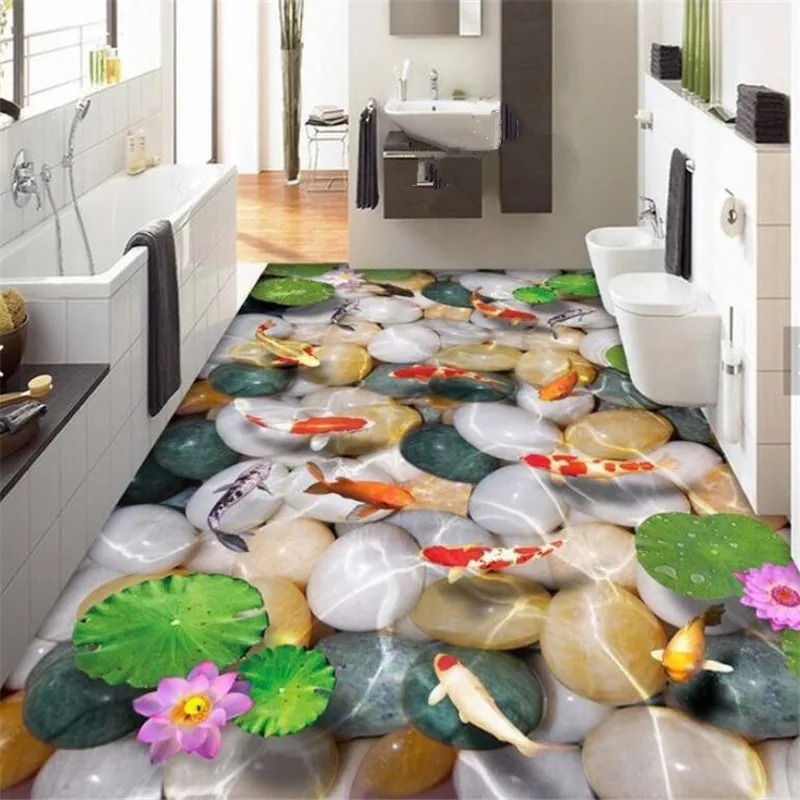 

Custom floor painting 3D wallpaper pebble lotus carp 3D vertical floor painting living room Self adhesive decorative painting