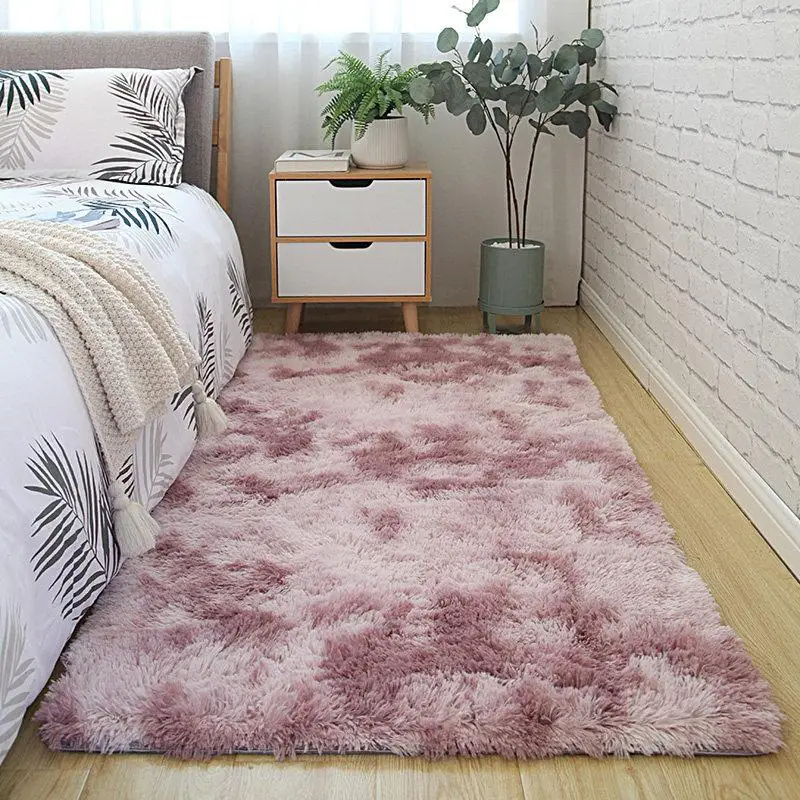 Bedroom carpet tie-dyed soft fluffy long pile polyester living room center carpet memory foam non-slip carpet mat