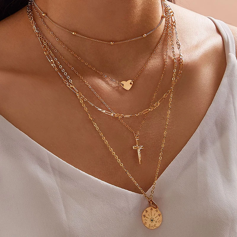 Tocona Charming Cross Pendant Necklace 2020 Trendy Heart Geometric Gold Color Metal Alloy Bohemian Jewelry for Women 10051