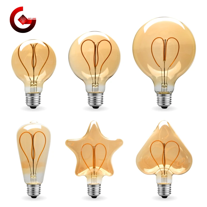 Dimmable E27 Retro Edison LED Heart Filament Light Bulb 4W Warm White 2200K 220V ST64 G80 G95 G125 Vintage Home Decoration Lamp