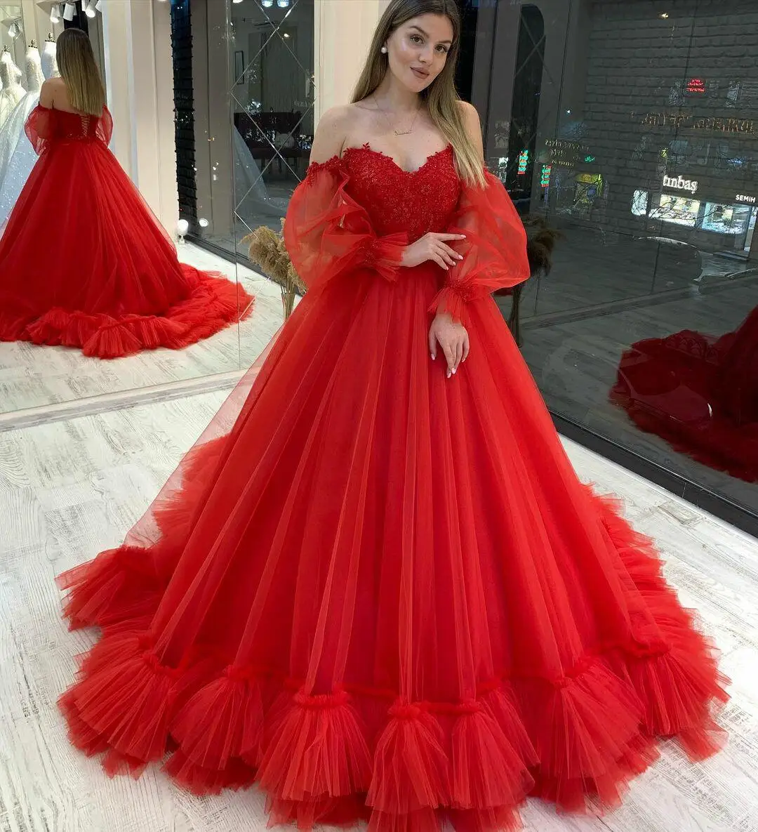 Elegant Red Prom Dresses Long Vestidos Puffy Sleeve Tulle Backless Formal Evening Party Gowns Beauty Pageant Dresses 2022 платье