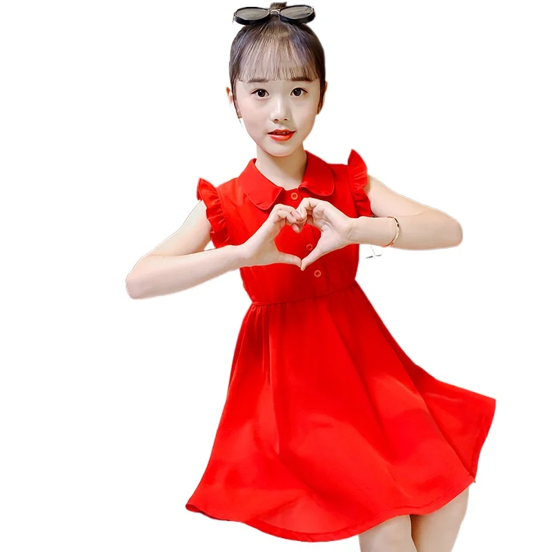 

Girls' Summer Dress Middle School Children's Solid Color Sweet Long Flying Sleeves Auricular Brim Leisure Princess 4 -12 Ages