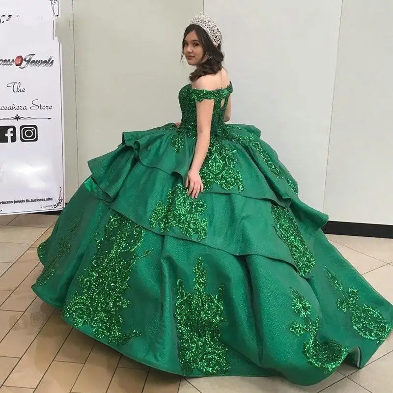 Изумрудно-зеленое бальное платье Vestidos De Quinceanera платья 2021 цветочное кружево с оборками блестящее атласное с открытыми плечами милое 16 платье...