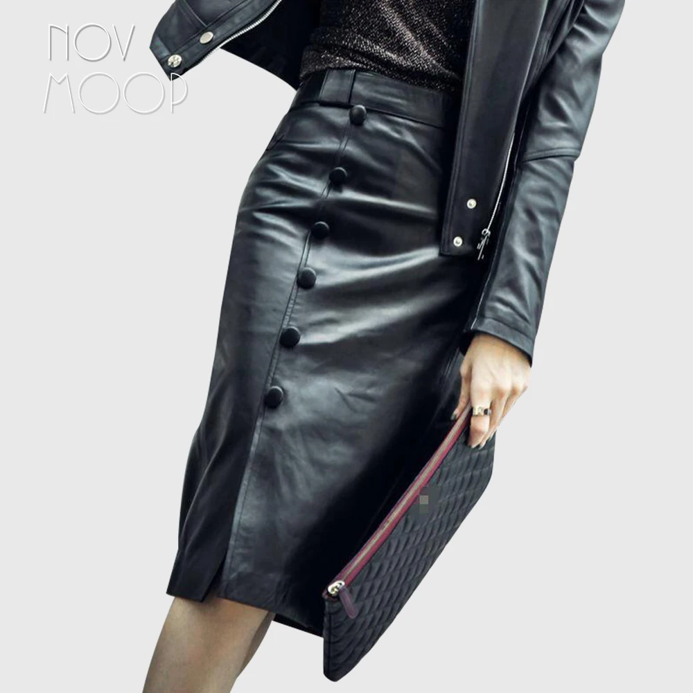 

Novmoop 2020 office lady button decor elegent style genuine leather sheepskin women pensil skirt Jupe crayon en cuir LT3263