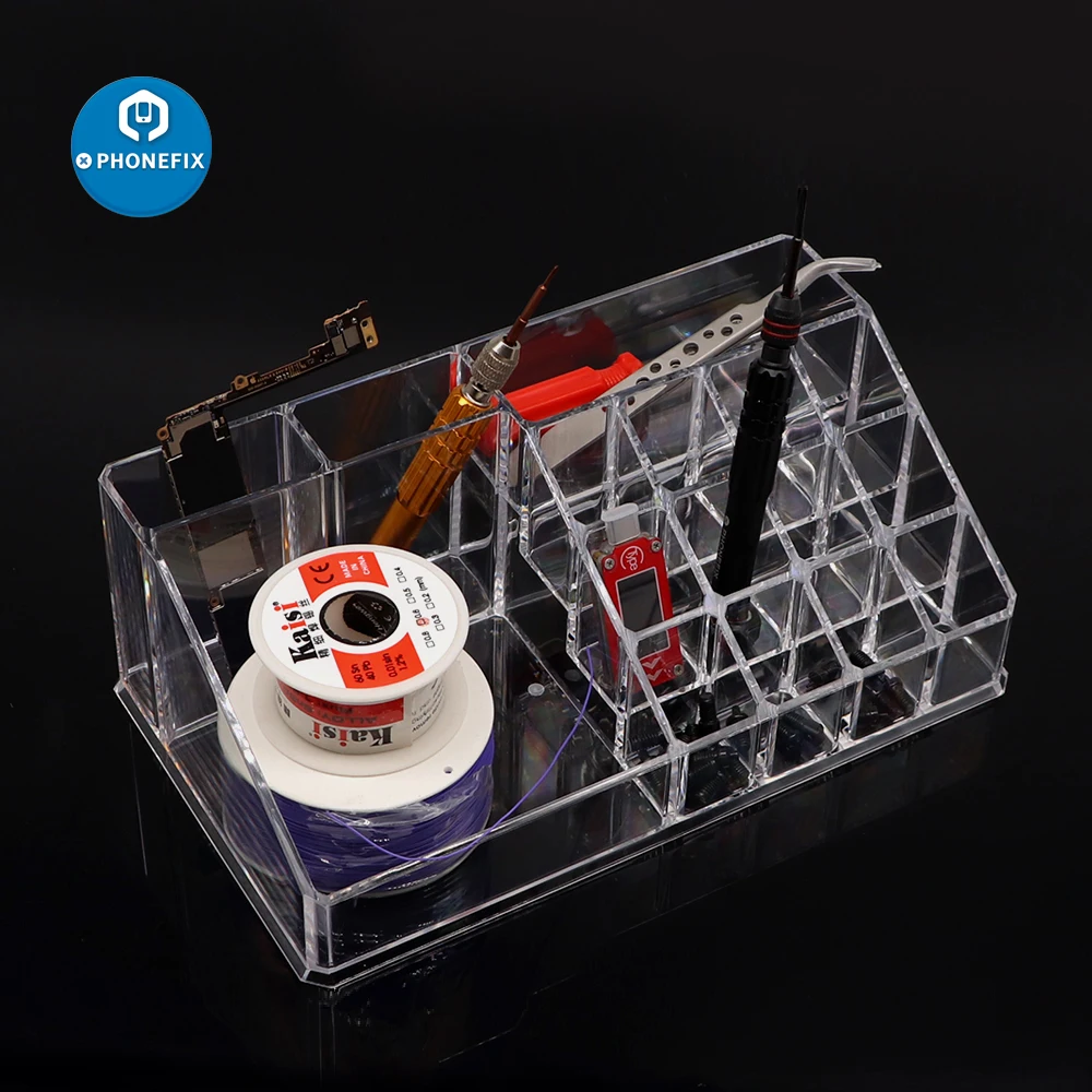 Caja de almacenamiento organizadora transparente, rejilla múltiple, piezas de reparación de teléfono acrílico, tornillos, caja de joyería, contenedor de componentes electrónicos