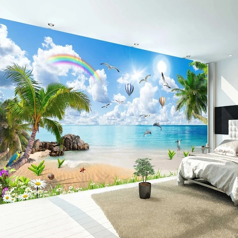 Foto Mural de pared HD paisaje marino pintura de árbol de coco 3D Fresco Laege tela de pared sala de estar dormitorio Fondo papel tapiz