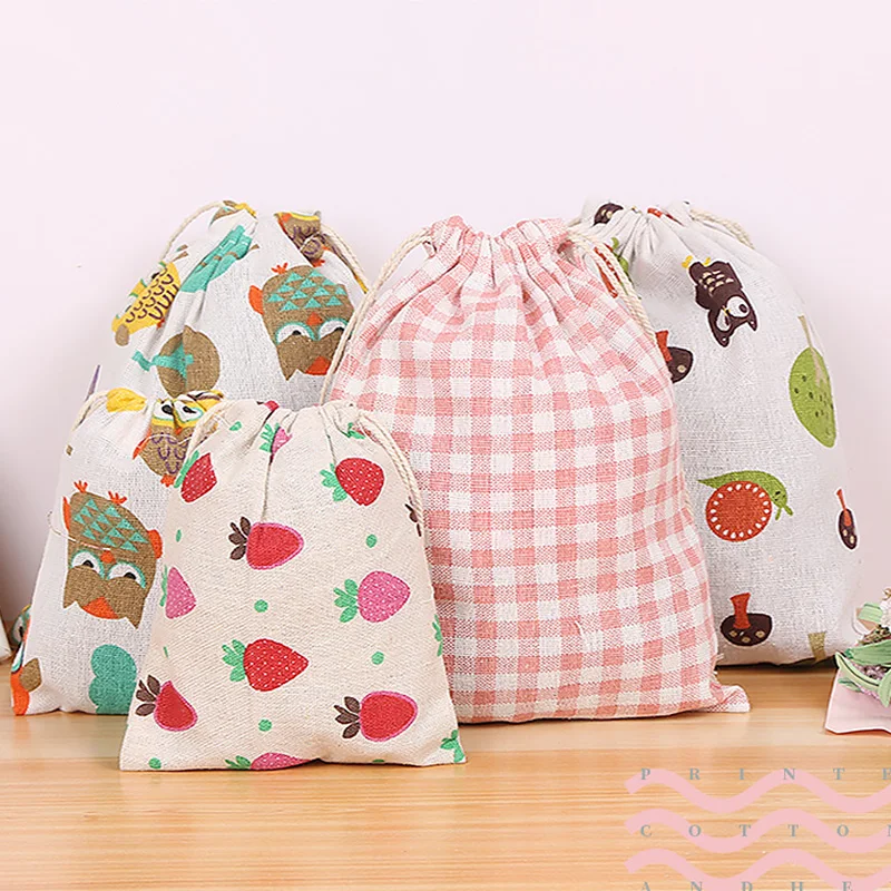 Cotton Linen Fabric Pouch Drawstring Bag Cute Animal Plant Print Kids Travel Cloth Shoes Storage Bag Makeup Case Xmas Gift Bag