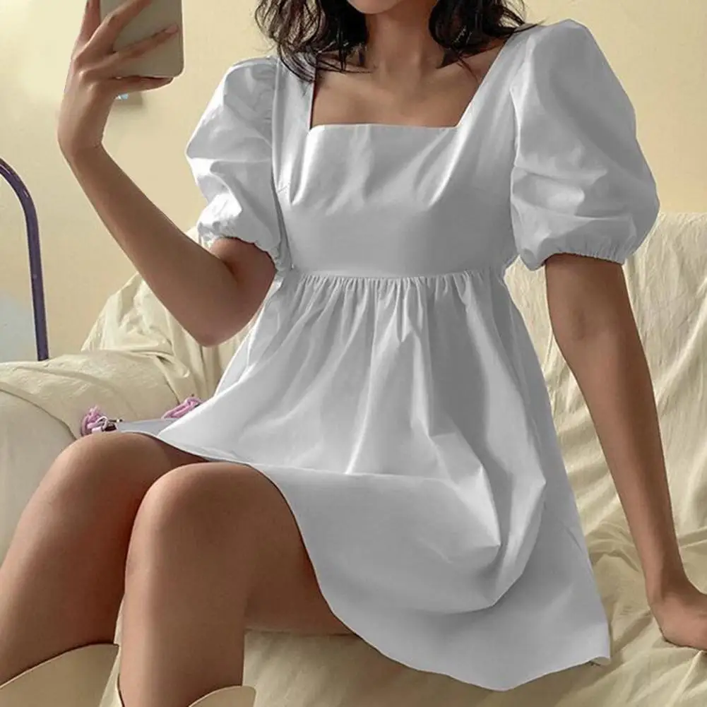 Women Casual A-line Large Hem Dress Above Knee Square Collar Ties Puff Short Sleeve Mini Dress Summer Solid Square Neck Dress