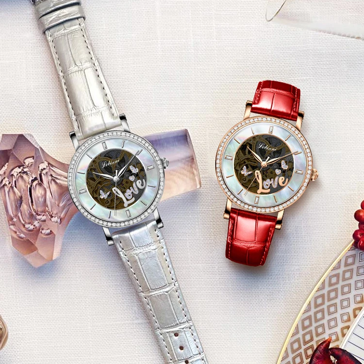 LOBINNI Ladies Automatic Watch 34mm Women Mechanical Wristwatch Skeleton Dial Sapphire Pearl Dial