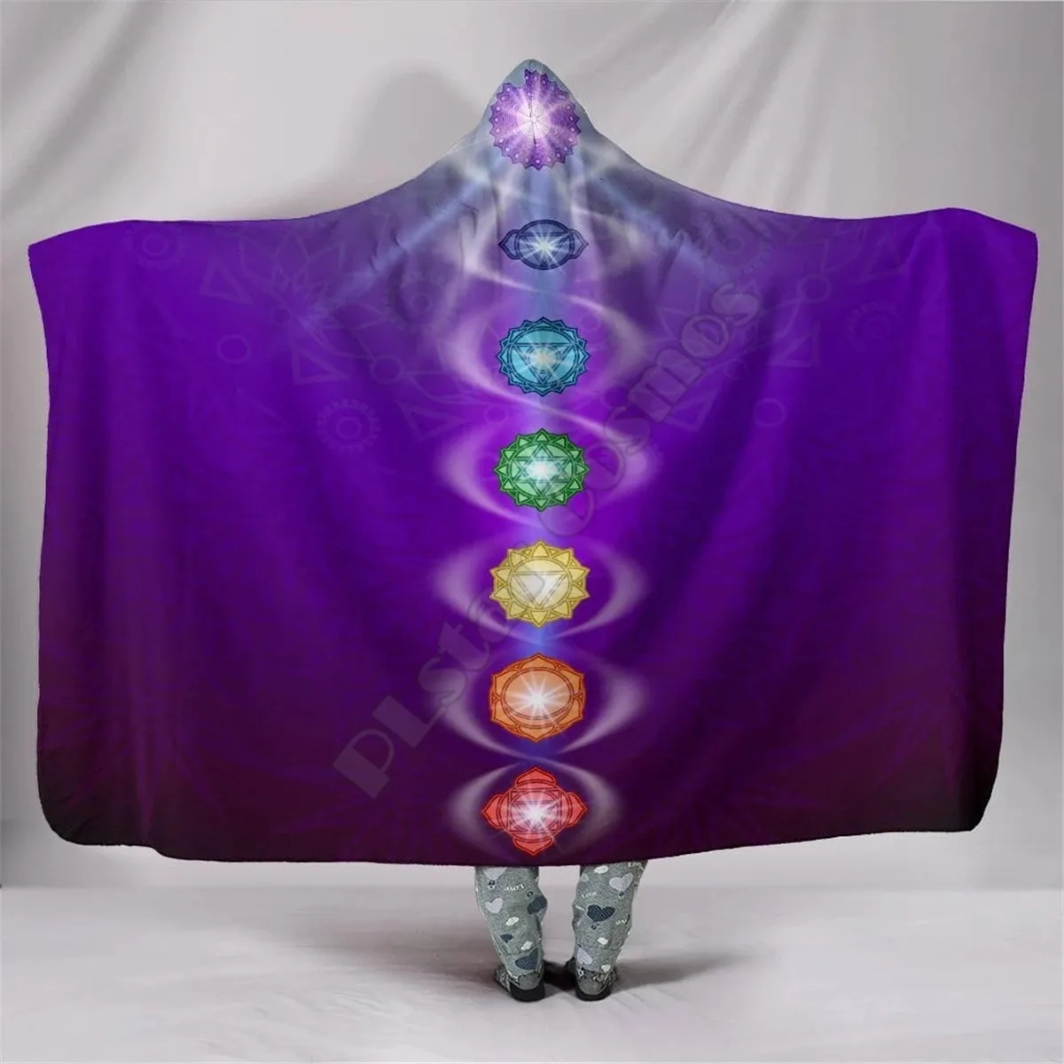 

Chakra Hooded Blanket Adult colorful child Sherpa Fleece Wearable Blanket Microfiber Bedding style-1