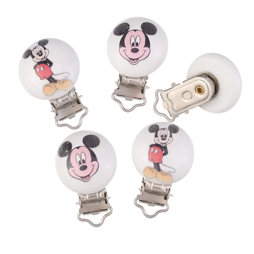 5PCs Baby Pacifier Clips Lovely Mouse White Wood Metal Holders Cute Infant Soother Clasps Funny Accessories 4.8x2.9cm