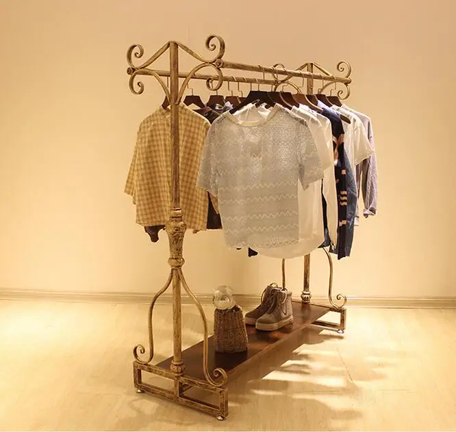 Retro men's and women's clothing store double row middle island floor hanging clothes rack children's clothing parallel bar