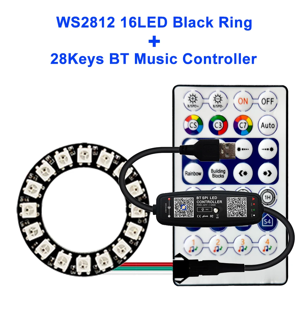 FUNZENXIN WS2812B Individuell adressierbarer LED-Ring 5050 RGB mit USB 28 Tasten Bluetooth-Musik-Controller-Kit BuiIt-in 8/16/24/35/45 Pixel 3