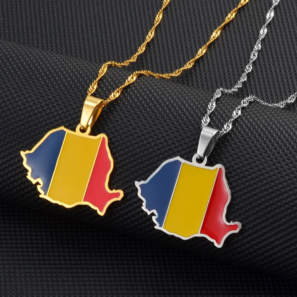 Anniyo Romania Map Flag Pendant Necklaces Silver Color/Gold Color Romanian Jewelry Ethnic @258621