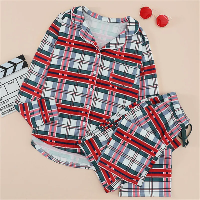 Kupokasi 2 Pieces Christmas Pajamas Set Cotton Autumn Winter Women Leisure Lattice SleepwearLong Sleeve Trousers Homewear