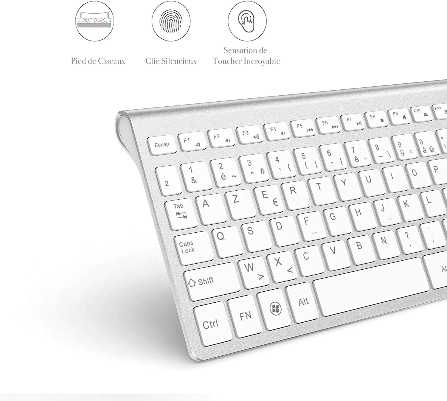 AZERTY Français 2.4G Clavier Souris Ergonomique Compatible avec IMac Mac PC Ordinateur Portable Tablette Ordinateur Windows (Argent Blanc)