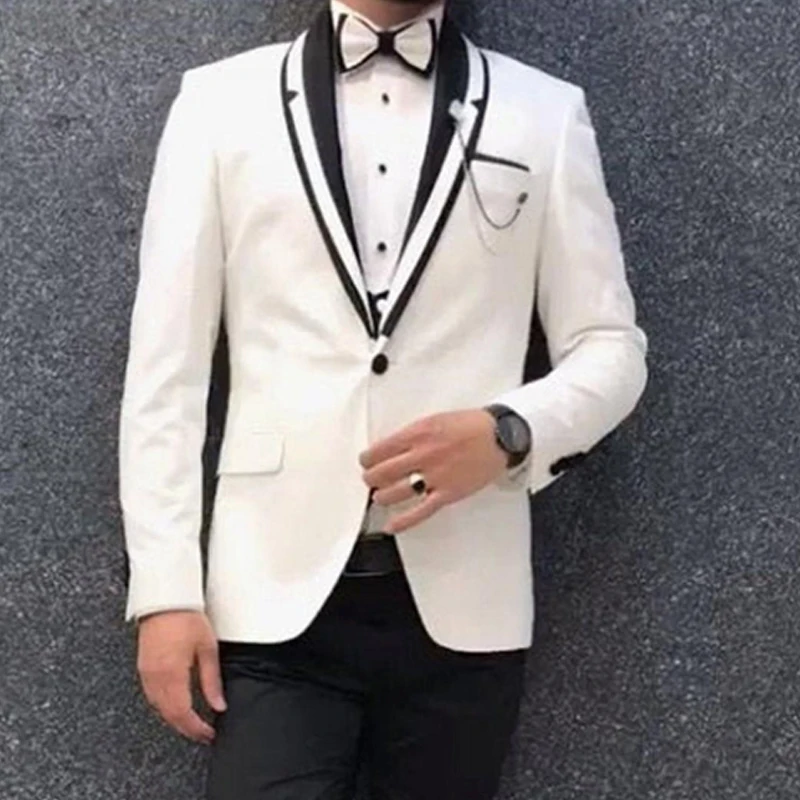 Smoking de mariage blanc pour marié avec pantalon noir, Costume 3 pièces formel pour homme, veste gilet, Costume à la mode, châle, revers, 2023