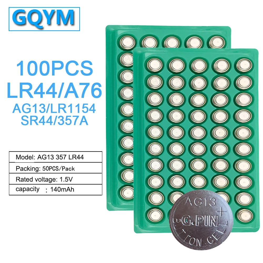 100PCS LR44 A76 AG13 LR1154 357A S76E G13 Coin Button Battery 1.55V Alkaline Coin Battery For Watch Calculator