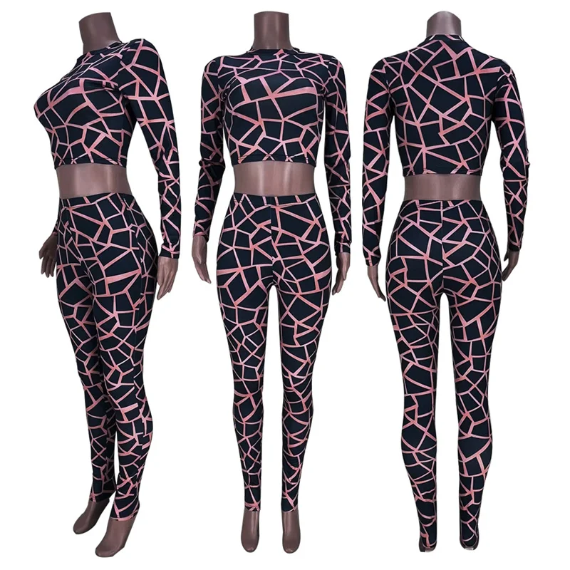 Plaid Printing 2 Piece Sets Womens Outfits Club Wear Long Sleeve Crop Top and Pant Suits Sexy Party Birthday Bodycon Co Ord Set