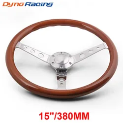 380MM 15inch Real Wood Steering Wheel & Horn Button 6 Holes Wooden Grain Silver Brushed Spoke Chrome Steering Wheel Depth 55mm