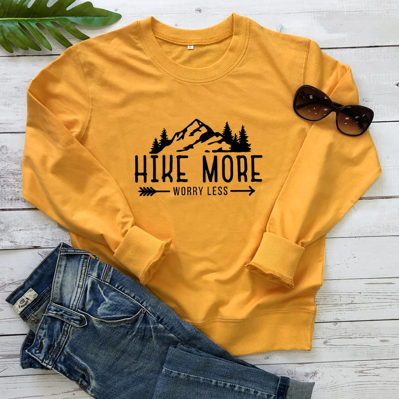 Hike More Worry Less Sweatshirt Casual Unisex Camping Pullovers Funny Women Graphic Outdoors Wanderlust Sweatshirts