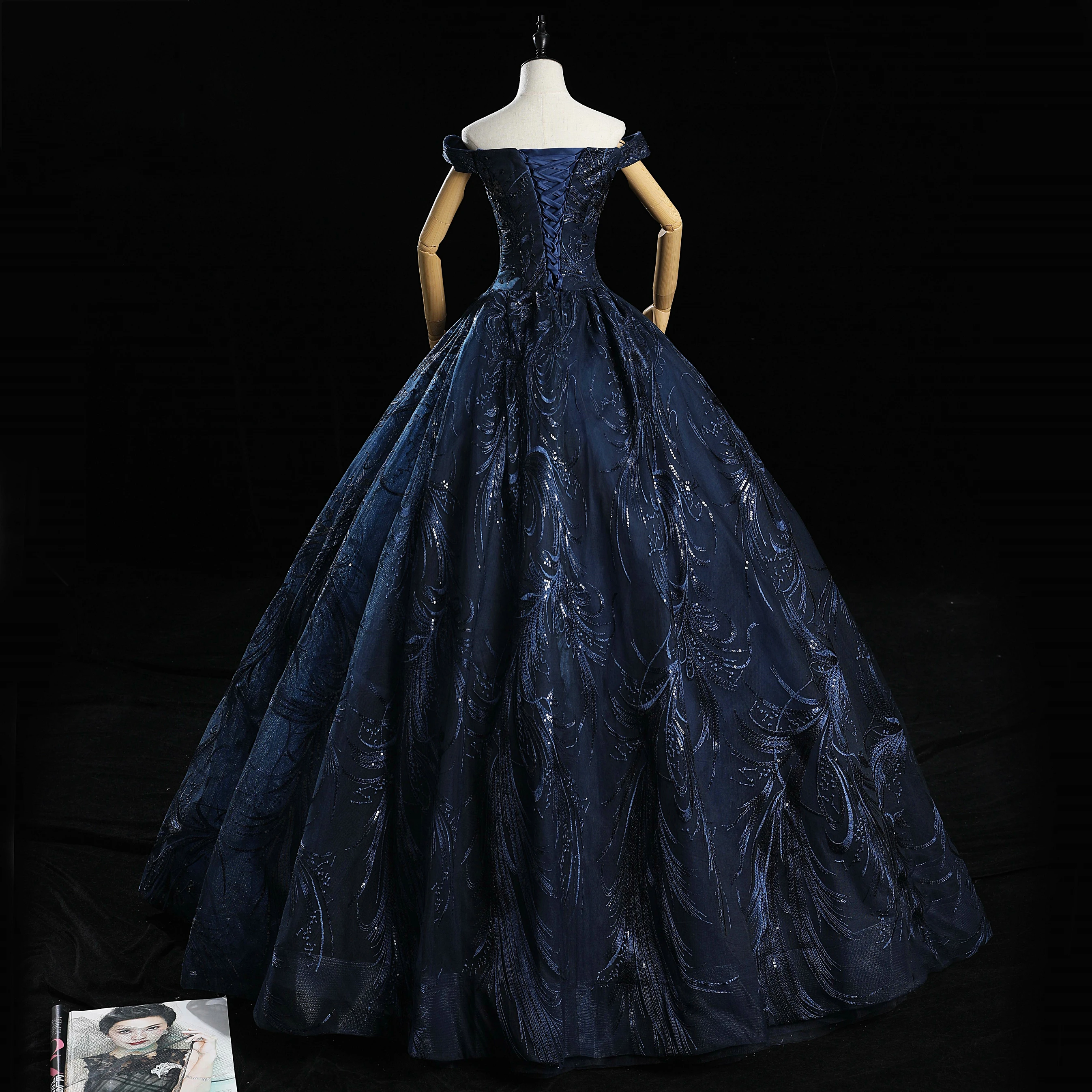 JaneVini Elegante Süße 16 Navy Blau Ballkleid Quinceanera Kleider Lange Off Schulter Spitze Stickerei Perlen Puffy Tüll Prom Kleid