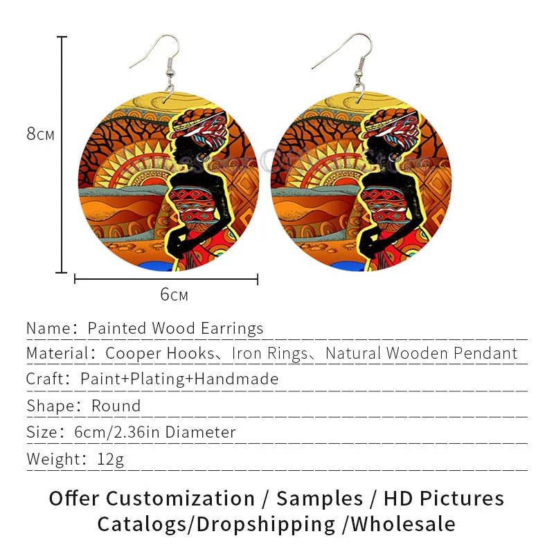 SOMESOOR African Ethnic Headwrap Woman Wooden Drop Earrings Black Sister Tribal Designs Loops Both Sides Printed For Women Gifts