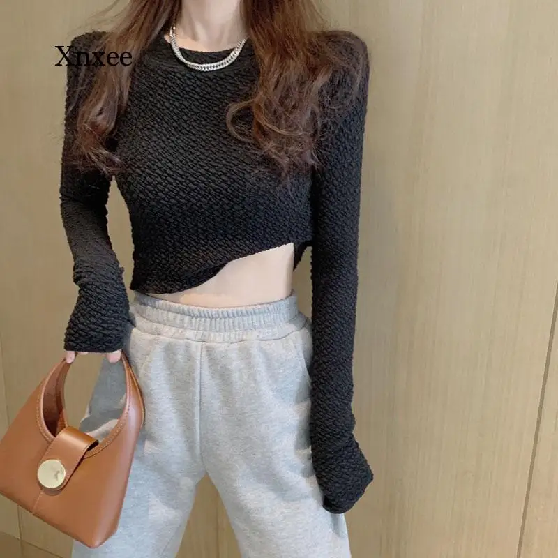 High Quality 2021 New Design Tops Women's Basic Wear Khaki Black T-Shirt Slim Skinny Pullovers Female Crop Tops Vintage Blouse