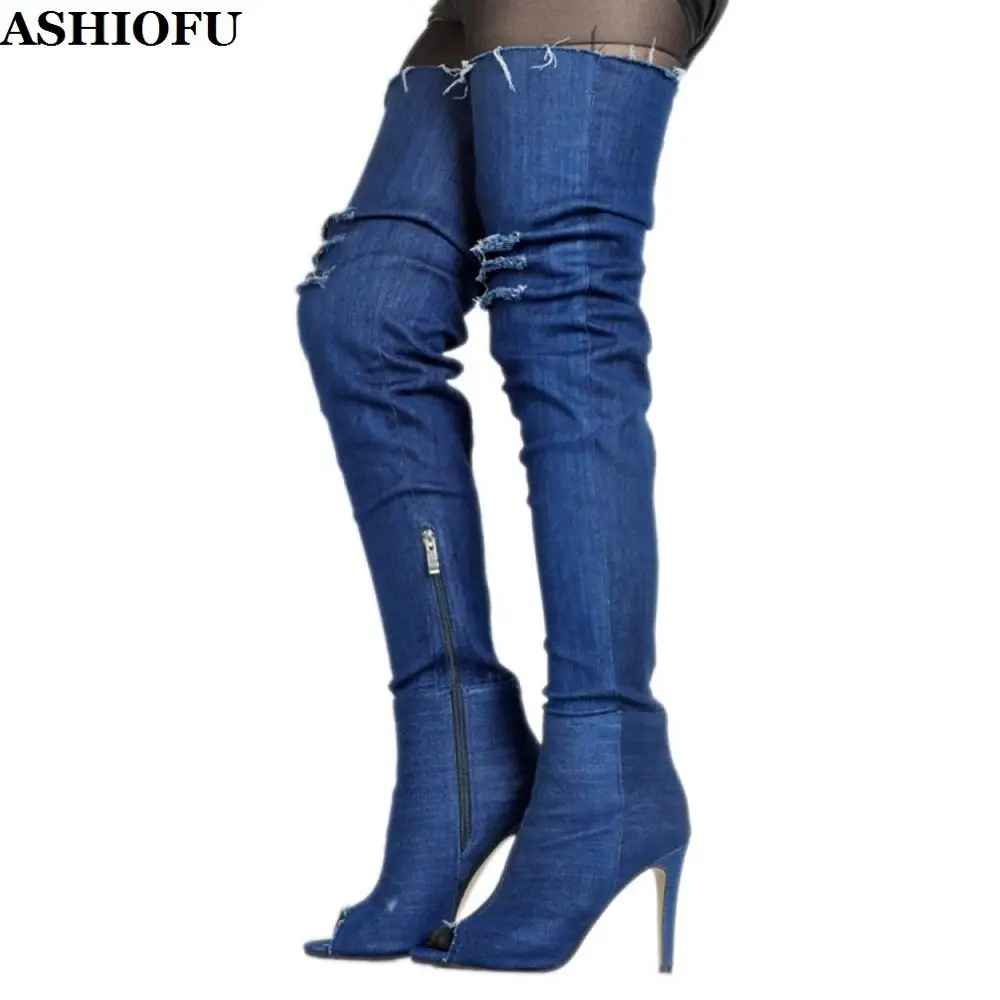 

ASHIOFU Handmade New Arrival Ladies High Heel Boots Denim Party Peep-toe Thigh High Boots Evening Club Fashion Long Boots XD724