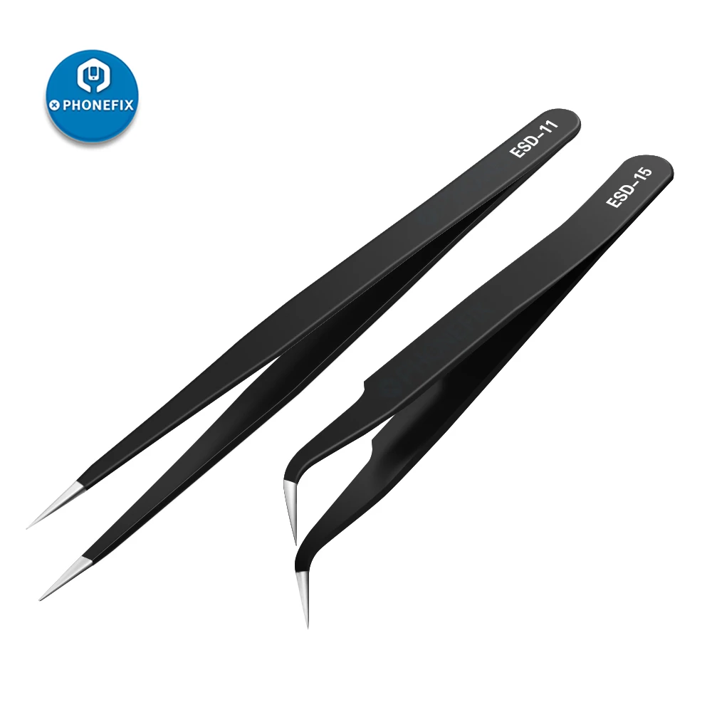 2pcs/lot Precision Tweezers Anti-static Tips Stainless Steel ESD Tweezers Electronics Repair Tools for Phone Motherboard Repair