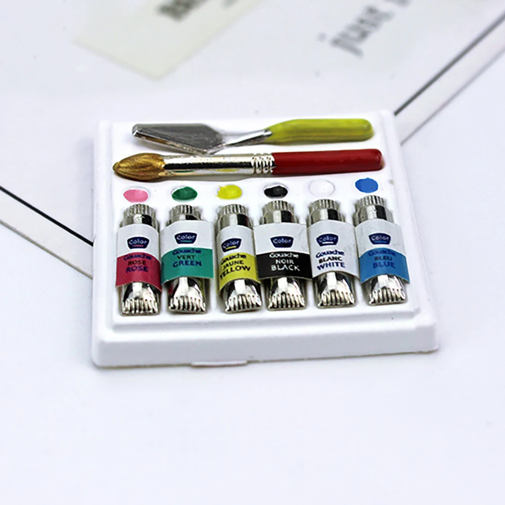 

1/12 Dollhouse Miniature Accessories Mini Painting Suit Simulation Watercolor Pen Pigment Set Model Toys for Doll House Decor