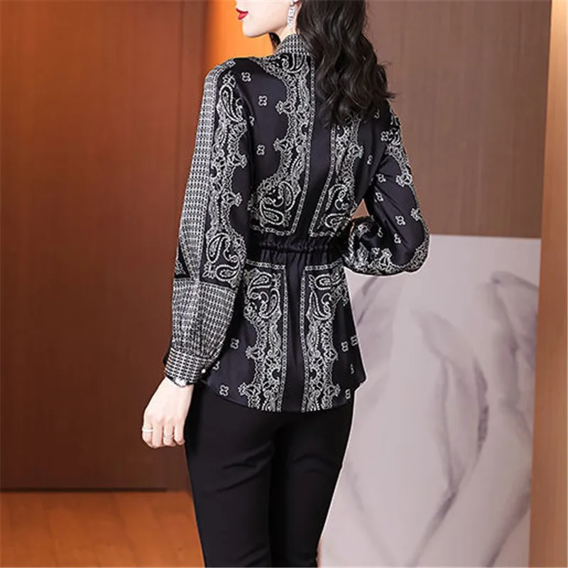 Black Vintage Shirts Women Spring Autumn Long Sleeve Floral Imitation Silk Blouses Fashion Print Tops Blusas MM1220