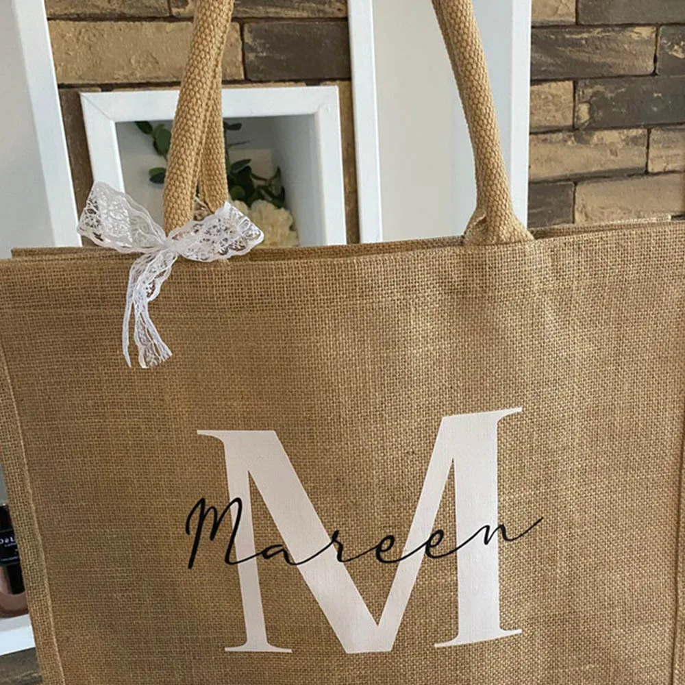 Personalized Tote Bag with Initials Gifts for Mother\'s Day Custom Name Birthday Jute Shopping Bag for Women Unique Beach Bag